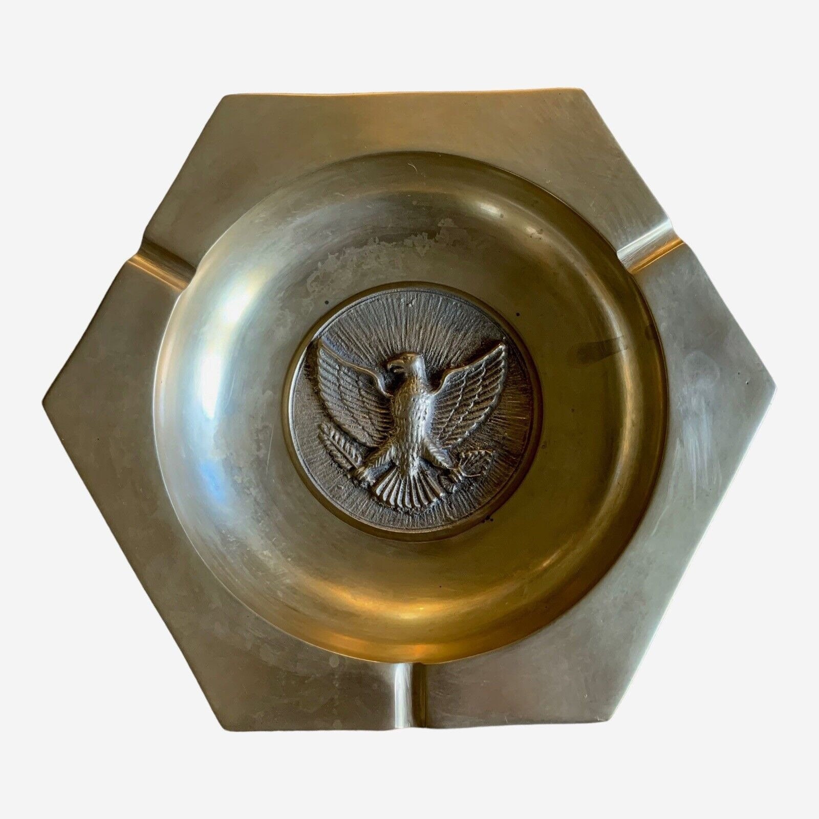 Vintage Brass Ashtray Eagle National Hexagon 8” Metal