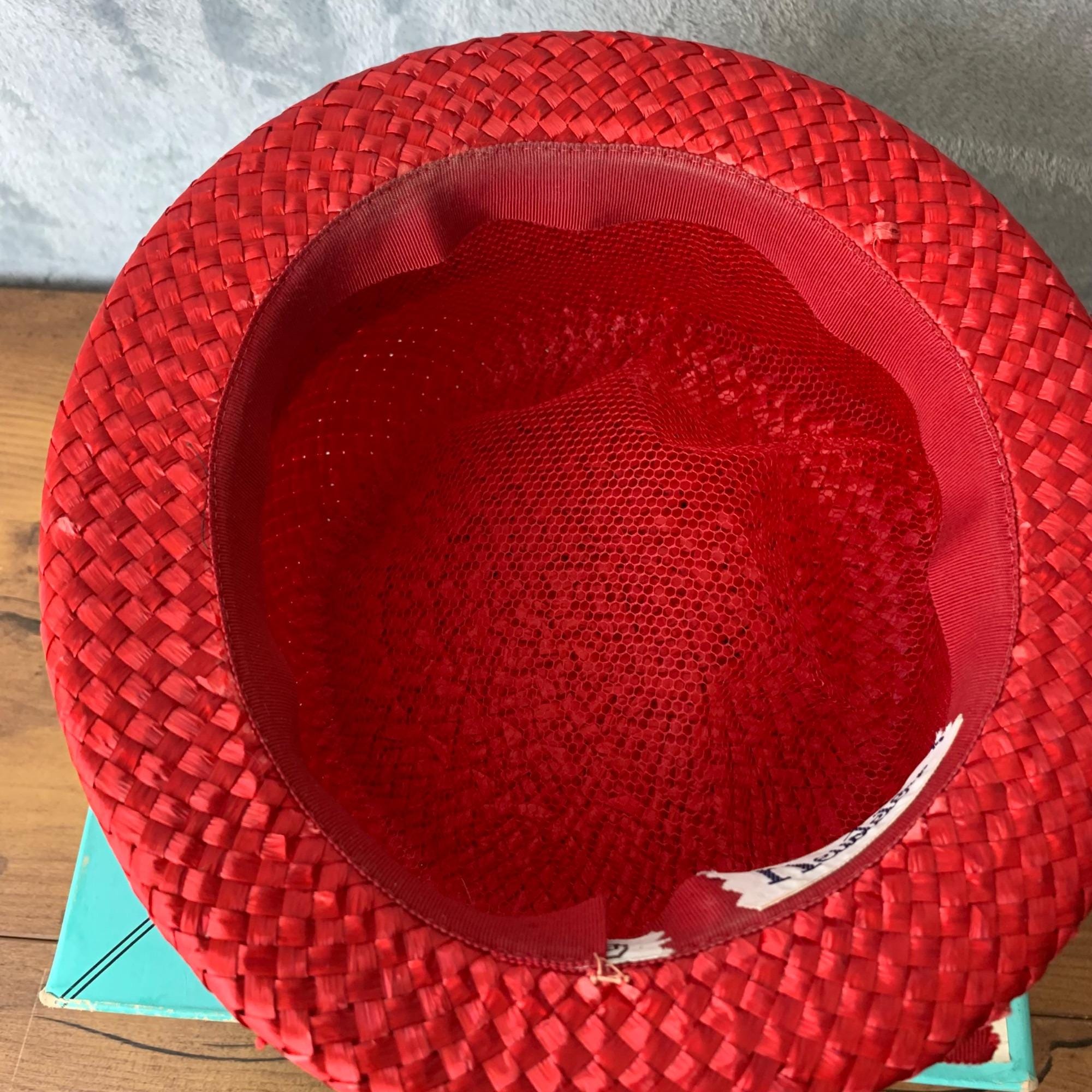 Vintage Neusteters Red Straw Hat With Ribbon - Size 22, With  display picture 3