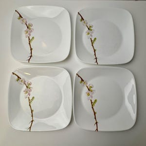 4 Corelle Vitrelle Square Luncheon Plates 9” Cherry Blossom USA Vintage Retro