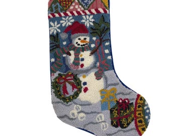 Hand Hooked Wool Christmas Stocking Snowman Wreath Velvet Back Blue 18 Inch