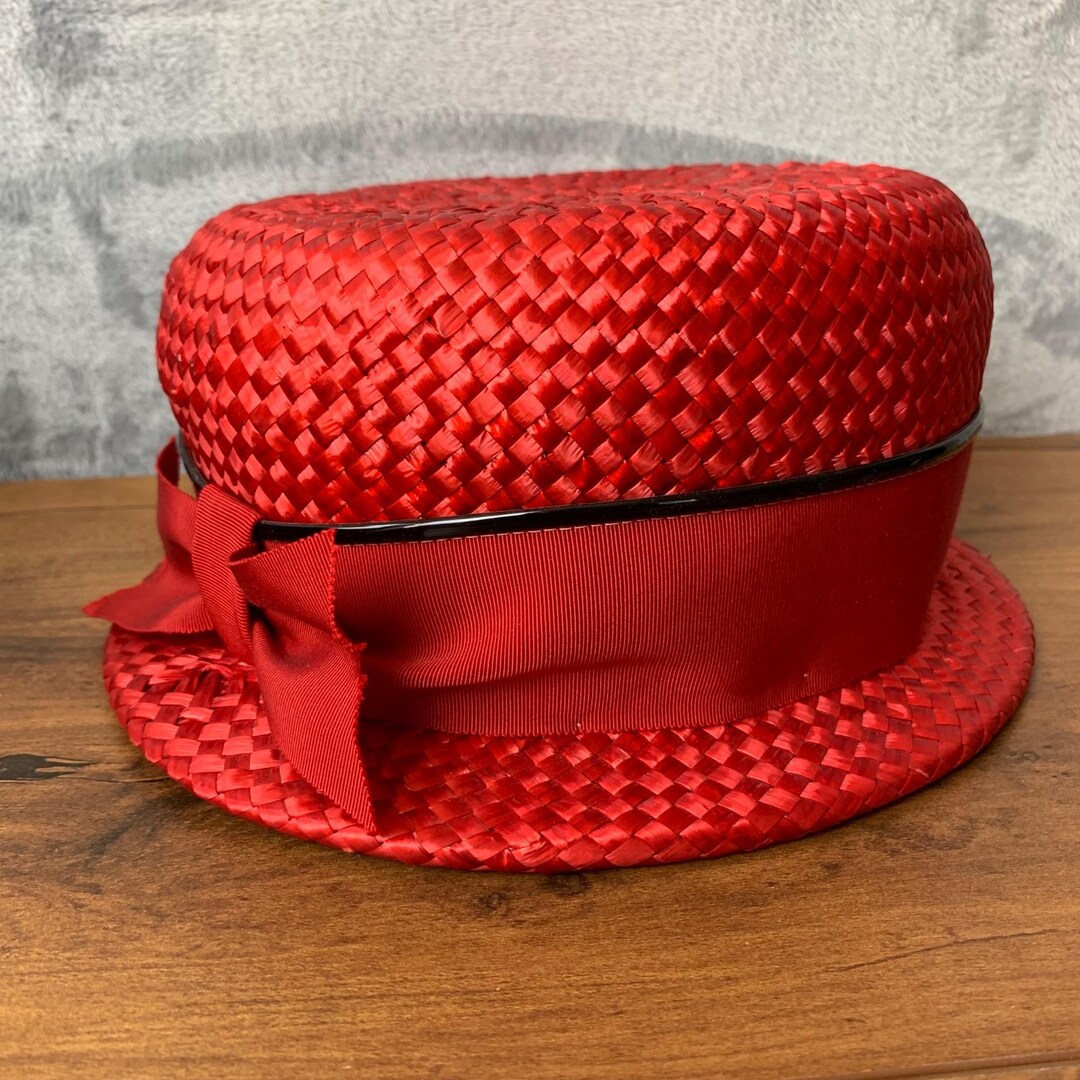 Vintage Neusteters Denver Red Straw Hat With Box size  22 Net lining w/Box Nice! Vintage Neusteters Red Straw Hat With Ribbon - Size 22, With  main image 3