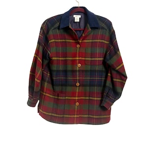 Talbots Womens Sm Plaid Wool Jacket Red Lined Blue Corduroy Collar Chore Rustic