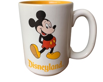 Vintage Disneyland Mickey Mouse 16 oz Ceramic Mug 4.5" Tall White Yellow Disney Thailand
