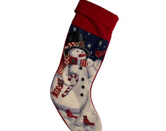 Vintage Needlepoint Christmas Stocking 24" Snowman Cardinals Wool Red Velvet