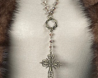 Champagne Copper color faceted Crystal beads with bronze wire Necklace with Bronze Crown of Thorns and Cross.