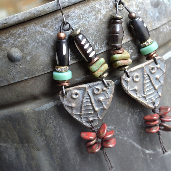 Rustic Tribal Earrings, Ethnic Mask Earrings, Unusual Artisan Earrings, Gypsy Boho Earrings, African Beaded Earrings, Glass Bone Metal