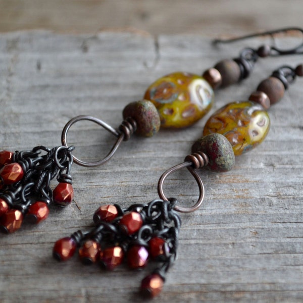 Indie earrings, Long tribal earrings, Carved glass earrings, Earthy Bohemian earrings, Old world glass earrings, Rustic glass earrings