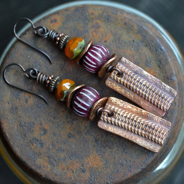 Earthy Bohemian earrings Copper Zippers Earthy orange burgundy copper Rustic Fall colors Carved bone czech glass Tribal ethnic inspired