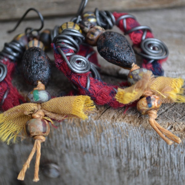 Tribal rag earrings / Ethnic hoop dangles / Gypsy boho / Urban tribal rag wrapped hoops / African inspired / Bohemian inspired / Old world /
