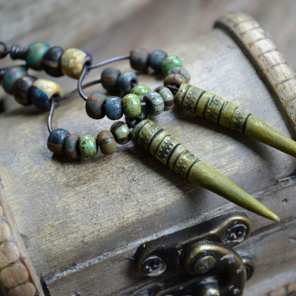 Tribal spike earrings / Picasso washed Olive & Gray Blue bohemian Wild Gypsy earrings Clay daggers with beaded hoops -- Nomad in the Forest
