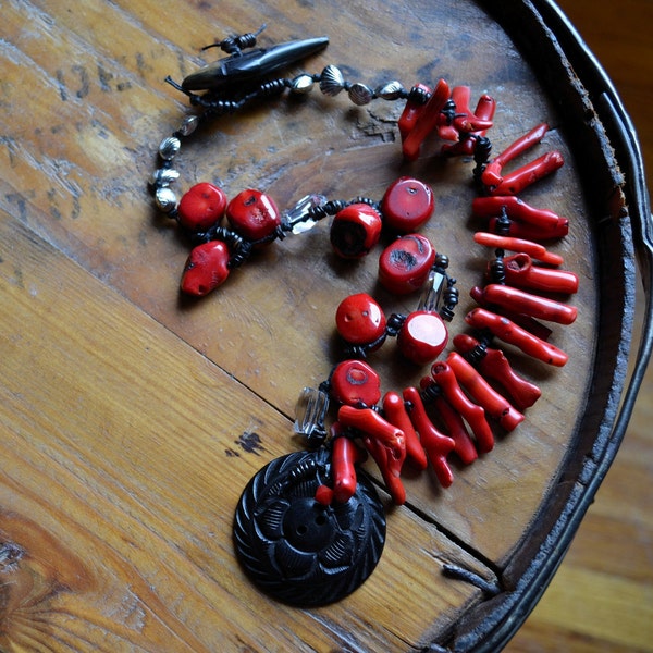 Red Bamboo coral tribal necklace / Carved wooden button pendant / Statement necklace / Red bamboo coral nuggets / OOAK / Exotic /