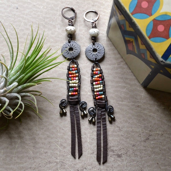 Eclectic Bead Leather Dangle Earrings, Long Shoulder Duster Earrings, Unique Summer Jewelry, Rustic Boho, Colorful Seed Bead, Modern Tribal