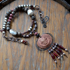Rustic Southwest Necklace, Tribal Bohemian Jewely, Ethnic Bone Clay Necklace, Organic Boho Statement Necklace, Artisan Ceramic Necklace