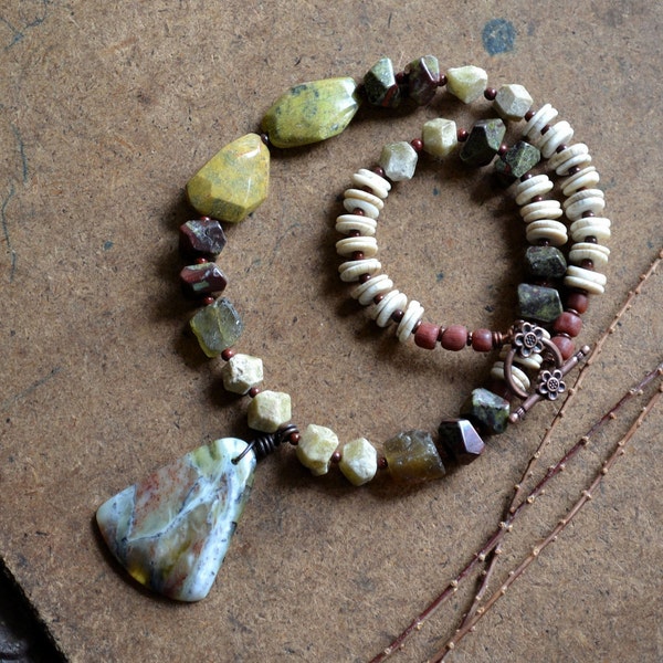 Rustic Tribal Necklace, Earthy Gemstone Necklace, Beaded Boho Necklace, Unique Necklace, Ethnic Necklace, African Opal, Tribal Jewelry, Chic
