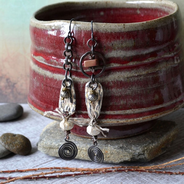 Tribal Talisman Mismatched Dangle Earrings, Asymmetrical Eclectic, Cream Monochromatic, Beaded Scroll, Unusual Mixed Metal, Urban Boho Chic