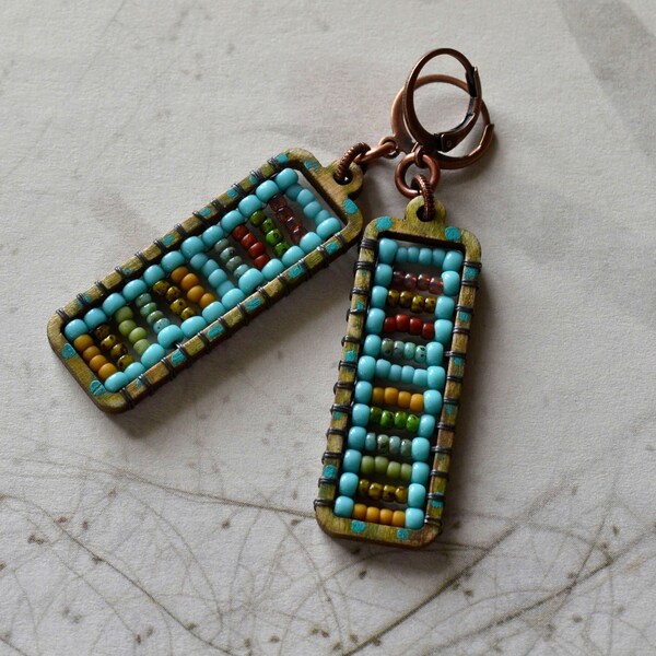 Bead Weave Rectangle Dangle Earrings, Seed Bead Earrings, Wood Rectangle Beaded Earrings, Lightweight Summer Earrings, Boho Hippie Jewelry