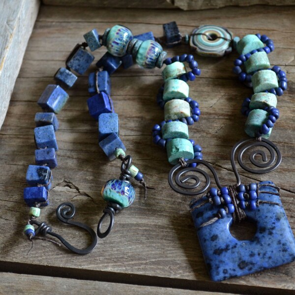 Earthy Bohemian Necklace, Rustic Boho Necklace, Natural Gemstone Necklace, Hand Knotted, Unique Necklace, Turquoise Blue, Artisan Necklace