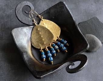 Geometric Brass Beaded Drop Earrings, Large Modern Hammered Brass & Blue African Bead Earrings, Handmade Big Brass Teardrop Dangle Earrings