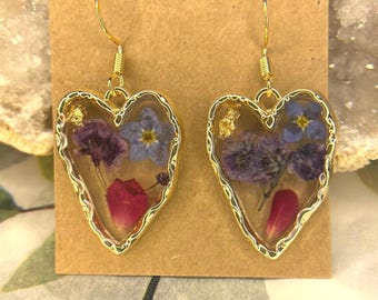 Petite flowers in Resin Heart Earrings
