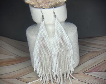 Boho neutral-style long beaded earrings