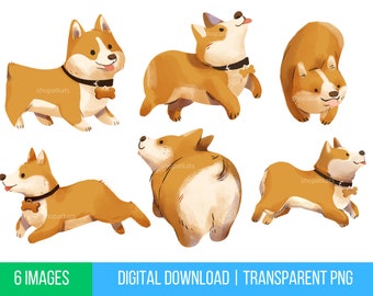 May include: Six digital illustrations of a cartoon corgi dog in various poses. The corgi is brown and white with a black nose and black eyes. The corgi is wearing a collar with a bone charm. The illustrations are on a white background.