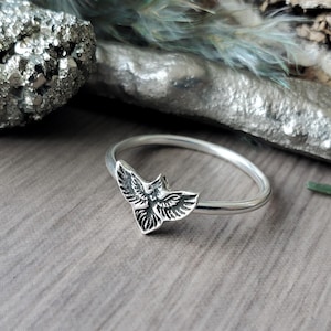 May include: A silver ring with an owl motif. The ring has a slender band and a detailed owl design. The owl is the central feature, set against a wooden surface. The background includes natural elements, creating a rustic aesthetic.