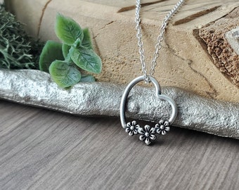 Heart Necklace, Sterling Silver, Floral Heart, Modern Heart Jewelry, Open Heart, Silver Heart, Flower Heart, Gift for Her, Girlfriend