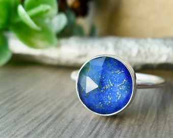 Lapis Ring, Sterling Silver, Doublet, Large Lapis, Round, Minimalist Lapis, Lapis Lazuli, Lapis Lazuli Ring, Blue Lapis, Stacking Ring, Blue