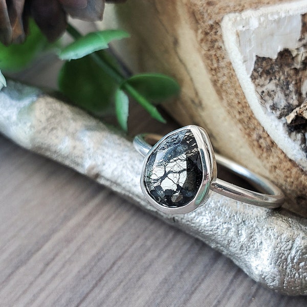 Marcasite Ring, Sterling Silver, Fools Gold, Nipomo Marcasite Agate, Pear Marcasite, Faceted, Pyrite Ring, Metallic Stone, American Mined