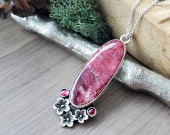 Thulite Necklace, Sterling Silver, Floral Necklace, Pink Floral Jewelry, Norway Jewelry, Genuine Thulite, Thule, Norwegion, Pink Gemstones