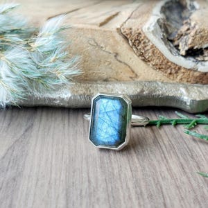 Labradorite Ring, Sterling Silver, Emerald, Octogon, Blue Labradorite, Labradorite Flash, Faceted, Rainbow Flash, Step Cut, Heirloom Ring