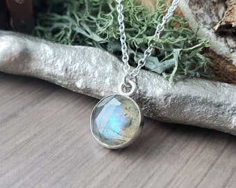 Labradorite Necklace, Sterling Silver, Simple Necklace, Rose Cut, Blue Flash, Round Stone, Green Flash, Genuine Labradorite, Minimalist