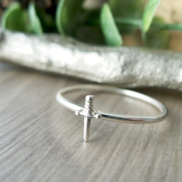 Dagger Ring, Sterling Silver, Sword Ring, Silver Sword, Medieval, Silver Dagger, Ornate, Protection, Tiny Dagger, Minimalist, Armour Ring