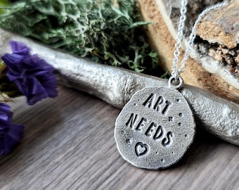 Art Needs Heart, Necklace, Sterling Silver, Anti AI, Pro Handmade, Artisan, Custom Necklace, Recycled Silver, Organic, Stamped, No AI Art
