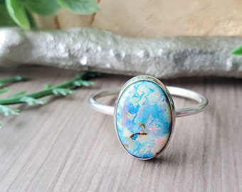 Opal Ring, Sterling Silver, Minimalist Opal, Oval Opal Ring, October Ring, Monarch Opal, October Birthstone, Manmade Opal, Sterling Opal