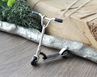 Scooter Necklace, Sterling Silver, Kick Scooter, Movable Scooter, Trick Scooter, 925, Solid Silver, Skater, Jewelry, Summer, Fun, Sports