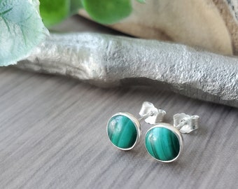 Malachite Earrings, Sterling Silver, Malachite Studs, Natural Stone, Green Malachite, Emerald Green, Modern Studs, Simple Jewelry, Green