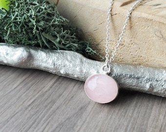 Rose Quartz, Necklace, Pink Quartz, Sterling Silver, Smooth Rose Quartz, Oval Shape Pendant, Soft Pink, Pale Pink, Rose Pink, Modern