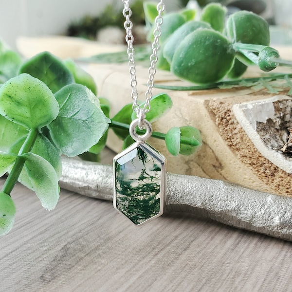 Moss Agate Necklace, Sterling Silver, Large, Hexagon, Green Moss Agate, Moss Stone, Mossy, Geometric, Step Cut, Hexagon Gemstone, Green