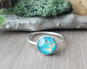 Blue Turquoise Ring, Blue Ring, Sterling Silver, Mohave Turquoise, Round Ring, Modern Ring, Blue Matrix Turquoise, Copper Turquoise, Doublet