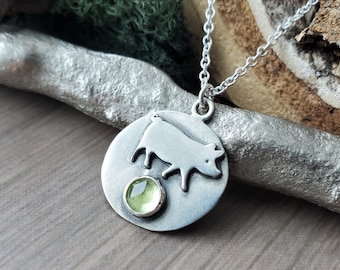 Pig Necklace, Sterling Silver, August Birthstone, August Necklace, Genuine Peridot, Simple Peridot, Pig Farmer, Happy Pig, Pig on Grass