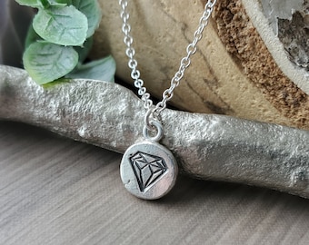 Diamond Necklace, Sterling Silver, Stamped, Geometric, Diamond Shape, Modern, Simple Necklace, Rough Diamond, Metal Diamond, Faceted