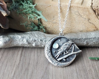 Raven Necklace, Sterling Silver, Crow, 3D Raven, Crescent Moon, Grey Moon, Under the Moon, Black Bird, Raven Totem, Golden Full Moon, Silver