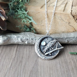 Raven Necklace, Sterling Silver, Crow, 3D Raven, Crescent Moon, Grey Moon, Under the Moon, Black Bird, Raven Totem, Golden Full Moon, Silver image 1