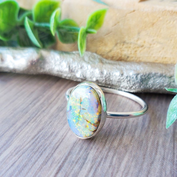 Opal Ring, Sterling Silver, Minimalist Opal, Oval Opal Ring, October Ring, Monarch Opal, October Birthstone, Manmade Opal, Sterling Opal