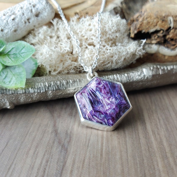 Charoite Necklace, Sterling Silver, Genuine Charoite, Purple Charoite, Purple Hexagon, Modern Purple Stone, Real Charoite, Purple Gemstone