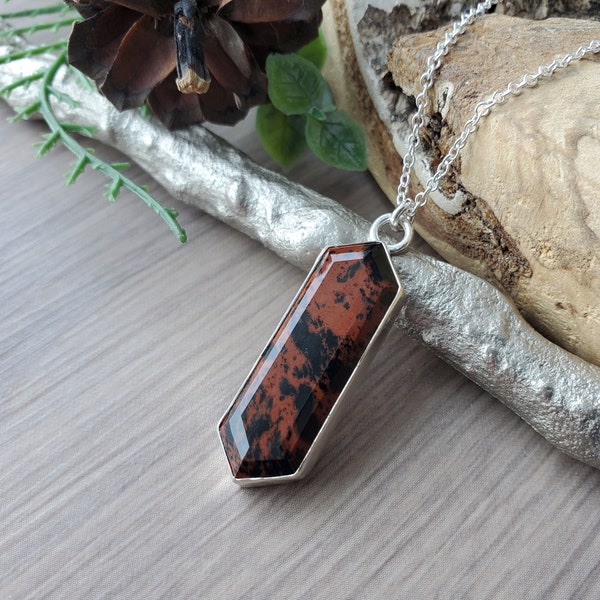 Red, Mahogany Obsidian, Necklace, Sterling Silver, Large, Hexagon, Red Obsidian, Geometric, Step Cut, Red and Black Matrix, Rusty, Magnetite
