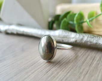 Pyrite Ring, Sterling Silver, Gold Pyrite, Fools Gold, Modern Pyrite Ring, Oval Pyrite, Simple Pyrite Ring, Metallic Stone, Pyrite Jewelry