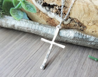 Large Cross Necklace, Sterling Silver, Rustic Cross, Hammered Cross, Religious Necklace, Christian Jewelry, Baptism Gift, Mens Cross, Black