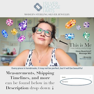 May include: A woman with glasses and a necklace looks up at the camera. She is surrounded by colorful gemstones. The text "This is Me" is written in a handwritten font. The text "I love making pretty things" is written below. The text "Have Questions? Message Me!" is written below that. The text "Amanda" is written below that. The text "Manitoba, Canada" is written below that. The text "Every piece is handmade, it may not be perfect, but it will be beautiful" is written below that. The text "Measurements, Shipping Timelines, and more can be found below in the Description drop down&darr;" is written below that. The text "Details" is written above a drop-down menu. The text "Description" is written below the drop-down menu.